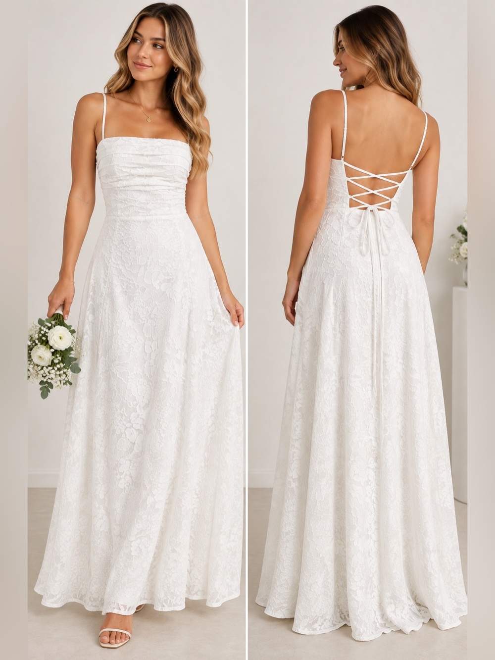 White Floral Ruched Lace Up Back Maxi Dress Size 4